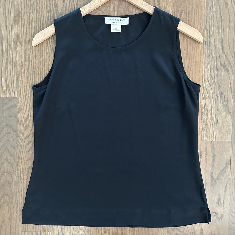 Vintage Jaeger 100% Silk Round Neck Sleeveless Shell Top in Black Size Small